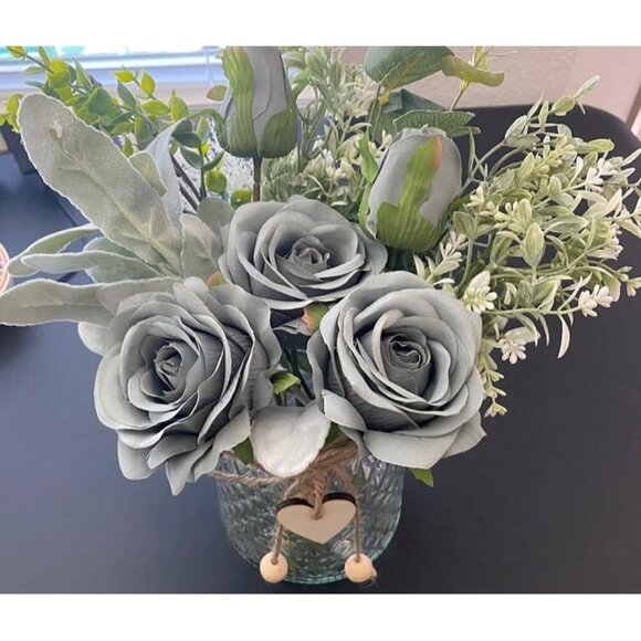 New Faux Flowers with Vase,Artificial Silk Roses in Vase, Fake Plant Eucalyptus - Picture 2 of 2